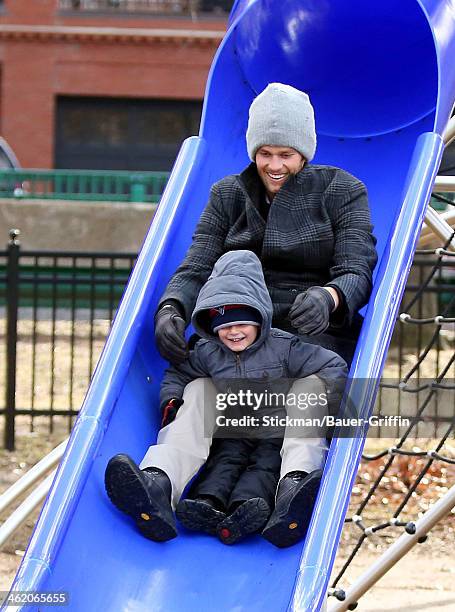 Tom Brady is seen at a local playground with his son, Benjamin Brady, on January 12, 2014 in Boston, Massachusetts.