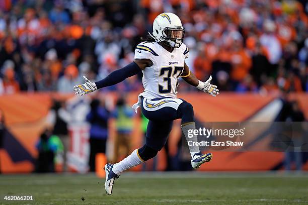 Jahleel Addae of the San Diego Chargers reacts after teammate Richard Marshall recovered a fumble against the Denver Broncos during the AFC...