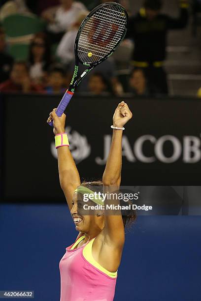 Madison Keys of the USA celebrates wiining in her third round match against Petra Kvitova of the Czech Republic during day six of the 2015 Australian...