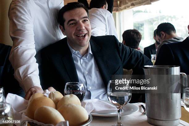 Opposition leader and head of radical leftist Syriza party Alexis Tsipras during a meeting with journalists on January 24, 2015 in Athens, Greece....