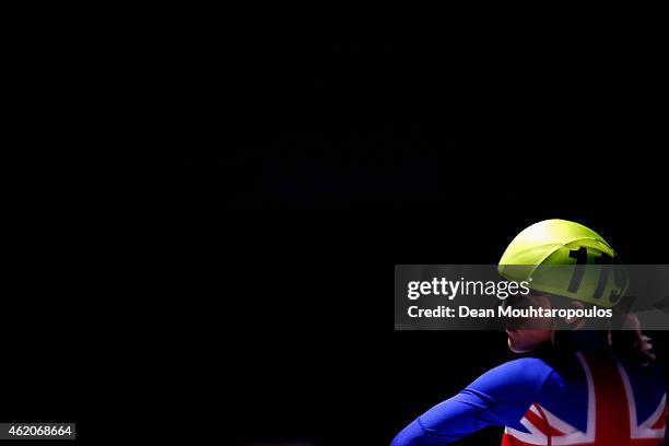 Elise Christie of Great Britain looks on before she competes in the Womens 1500m semi finals during day 2 of the ISU European Short Track Speed...