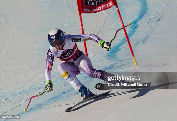 Julia Ford of The USA competing in the Audi FIS Alpine Skiing World Cup women's downhill race on January 24, 2015 in St Moritz, Switzerland.