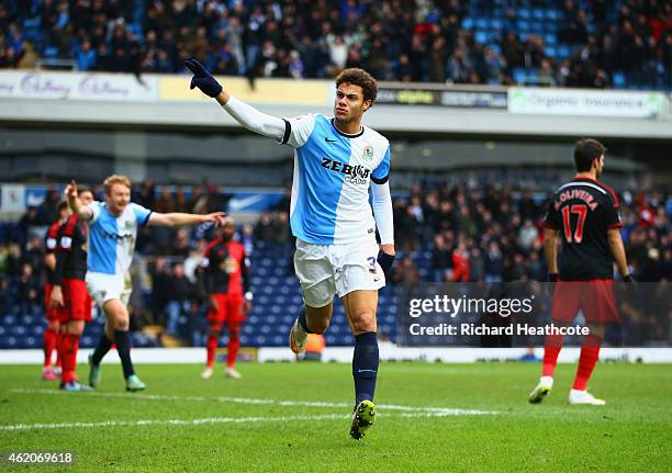 Rudy Gestede of Blackburn Rovers celebrates as he scores their second goal during the FA Cup Fourth Round match between Blackburn Rovers and Swansea...