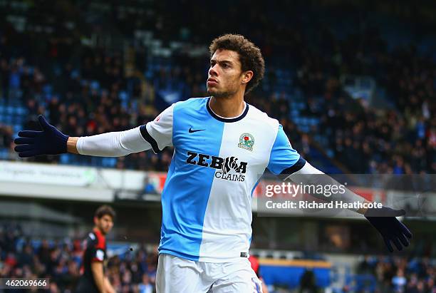 Rudy Gestede of Blackburn Rovers celebrates as he scores their second goal during the FA Cup Fourth Round match between Blackburn Rovers and Swansea...