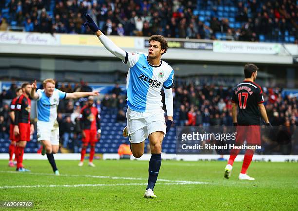 Rudy Gestede of Blackburn Rovers celebrates as he scores their second goal during the FA Cup Fourth Round match between Blackburn Rovers and Swansea...