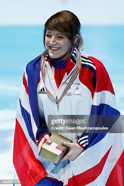 Elise Christie of Great Britain celebrates winning the Womens 1500m final gold medal during day 2 of the ISU European Short Track Speed Skating...