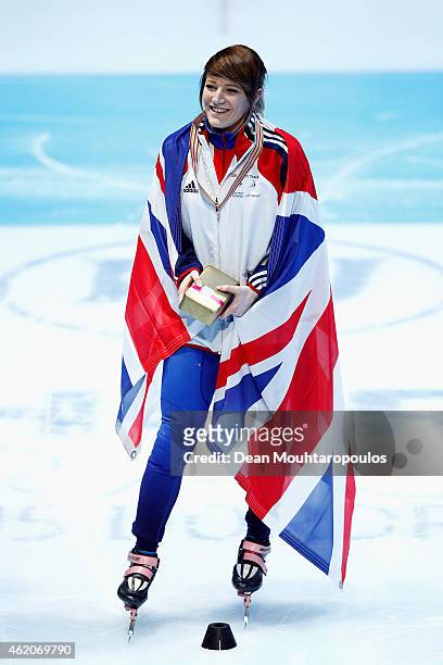 Elise Christie of Great Britain celebrates winning the Womens 1500m final gold medal during day 2 of the ISU European Short Track Speed Skating...