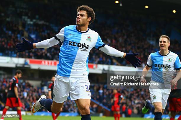 Rudy Gestede of Blackburn Rovers celebrates as he scores their second goal during the FA Cup Fourth Round match between Blackburn Rovers and Swansea...
