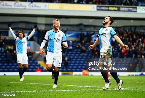 Craig Conway of Blackburn Rovers celebrates with Jordan Rhodes as he scores their third goal during the FA Cup Fourth Round match between Blackburn...