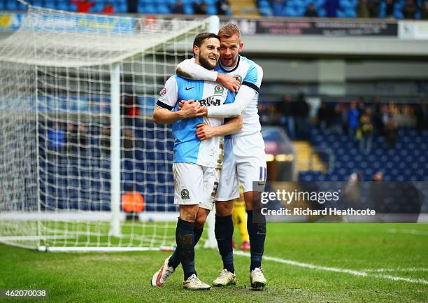 Craig Conway of Blackburn Rovers celebrates with Jordan Rhodes as he scores their third goal during the FA Cup Fourth Round match between Blackburn...