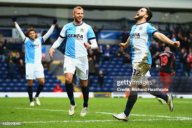 Craig Conway of Blackburn Rovers celebrates with Jordan Rhodes as he scores their third goal during the FA Cup Fourth Round match between Blackburn...