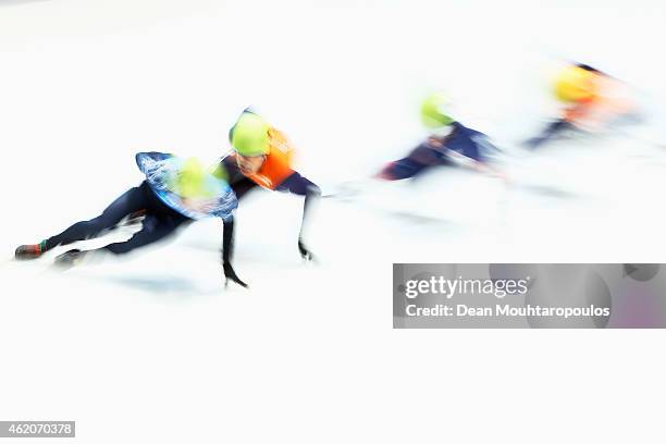 Sjinkie Knegt of the Netherlands and Semion Elistratov of Russia compete in the Mens 1500m final during day 2 of the ISU European Short Track Speed...