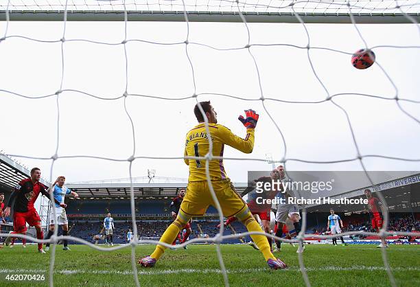 Rudy Gestede of Blackburn Rovers scores their second goal past goalkeeper Lukasz Fabianski of Swansea City during the FA Cup Fourth Round match...
