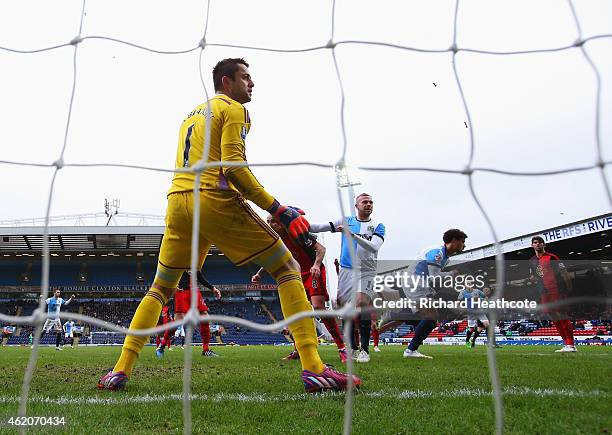 Rudy Gestede of Blackburn Rovers celebrates as he scores their second goal past goalkeeper Lukasz Fabianski of Swansea City during the FA Cup Fourth...