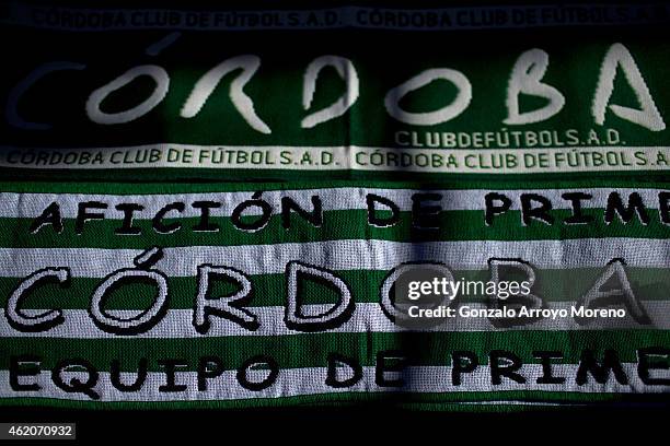 Cordoba CF scarves are displayed on a merchandaising stall before the La Liga match between Cordoba CF and Real Madrid CF at El Arcangel stadium...