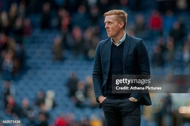 Garry Monk, Manager of Swansea City looks unhappy during the FA Cup Fourth Round match between Blackburn Rovers and Swansea City at Ewood park on...