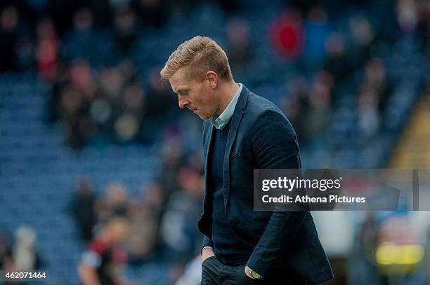 Garry Monk, Manager of Swansea City looks unhappy during the FA Cup Fourth Round match between Blackburn Rovers and Swansea City at Ewood park on...