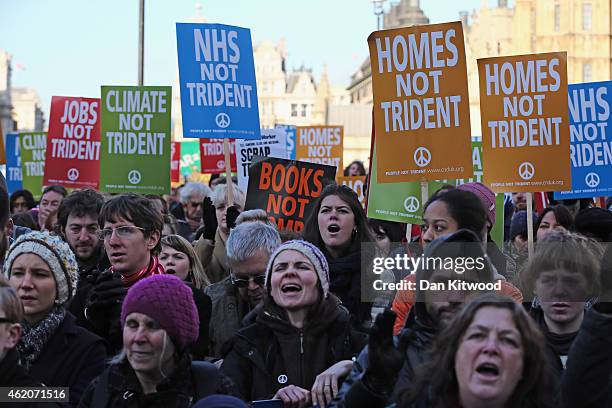 Anti-nuclear protesters gather in Westminster on January 24, 2015 in London, England. Over a thousand anti-nuclear activists joined to call on the...