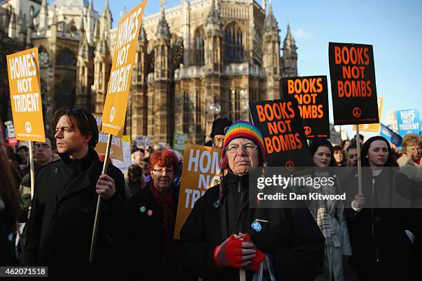 Anti-nuclear protesters gather in Westminster on January 24, 2015 in London, England. Over a thousand anti-nuclear activists joined to call on the...