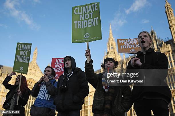 Anti-nuclear protesters gather in Westminster on January 24, 2015 in London, England. Over a thousand anti-nuclear activists joined to call on the...