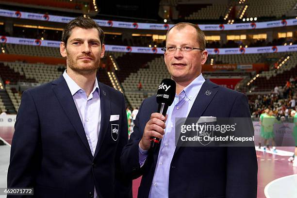 Karsten Petrzika, sky commentator speaks to Heinning Fritz, sky expert and co-commentator prior to during the IHF Men's Handball World Championship...