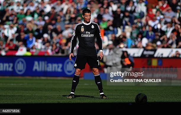 Real Madrid's Portuguese forward Cristiano Ronaldo prepares to kick a ball during the Spanish league football match Cordoba CF vs Real Madrid CF at...