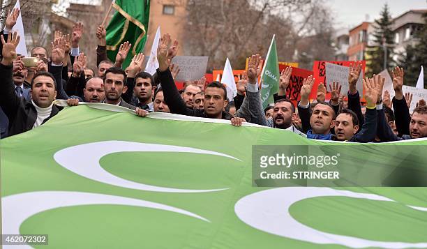 Muslim supporters of the Ankara Ottoman associations protest close to the Ankara offices of the daily Cumhuriyet, the leading pro-secular Turkish...