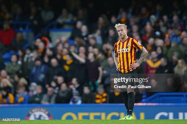 Dejected Andrew Davies of Bradford City looks on during the FA Cup Fourth Round match between Chelsea and Bradford City at Stamford Bridge on January...