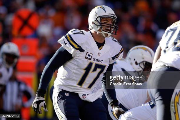 Philip Rivers of the San Diego Chargers calls a play against the Denver Broncos during the AFC Divisional Playoff Game at Sports Authority Field at...
