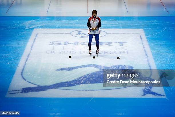 Elise Christie of Great Britain poses after winning the Ladies 500m final gold medal during day 2 of the ISU European Short Track Speed Skating...