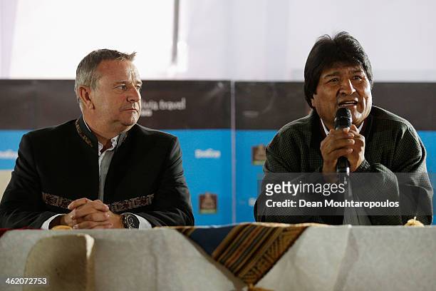 Bolivian President, Evo Morales Ayma and Rally director Etienne Lavigne speak during a press conference at the Denodado y Aguerrido RI-4 LOA Military...