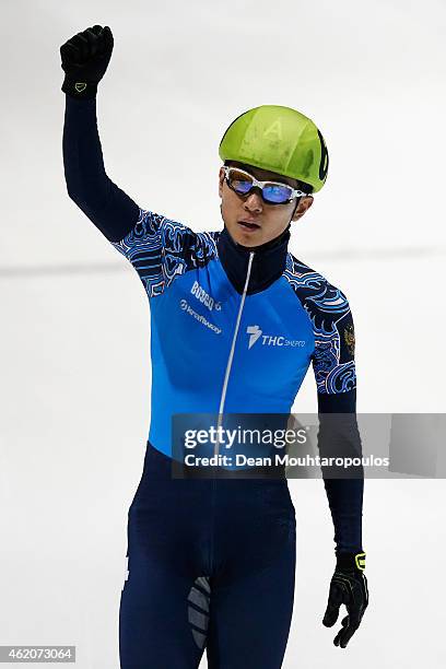 Victor An of Russia celebrates winning the Mens 500m final gold medal during day 2 of the ISU European Short Track Speed Skating Championships at The...