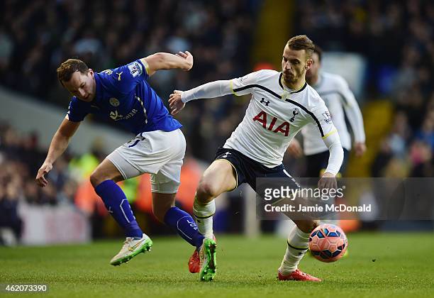 Daniel Drinkwater of Leicester City and Roberto Soldado of Spurs compete for the ball during the FA Cup Fourth Round match between Tottenham Hotspur...