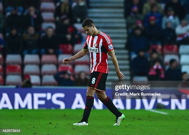 Jack Rodwell of Sunderland leaves the field after being sent off during the FA Cup Fourth Round match between Sunderland and Fulham at Stadium of...