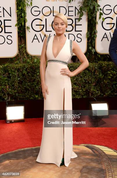 Actress Margot Robbie attends the 71st Annual Golden Globe Awards held at The Beverly Hilton Hotel on January 12, 2014 in Beverly Hills, California.