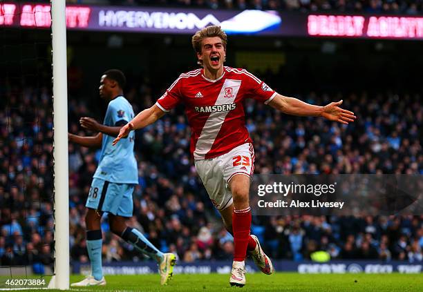 Patrick Bamford of Middlesbrough celebrates after scoring the opening goal during the FA Cup Fourth Round match between Manchester City and...