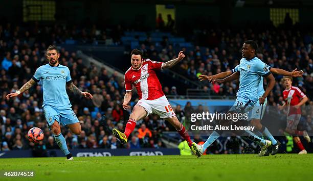 Lee Tomlin of Middlesbrough hits the post with an effory during the FA Cup Fourth Round match between Manchester City and Middlesbrough at Etihad...