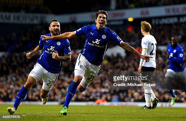 Leonardo Ulloa of Leicester City celebrates after scoring his team's first goal during the FA Cup Fourth Round match between Tottenham Hotspur and...