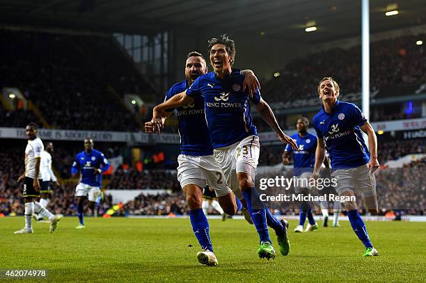 Leonardo Ulloa of Leicester City celebrates after scoring his team's first goal during the FA Cup Fourth Round match between Tottenham Hotspur and...