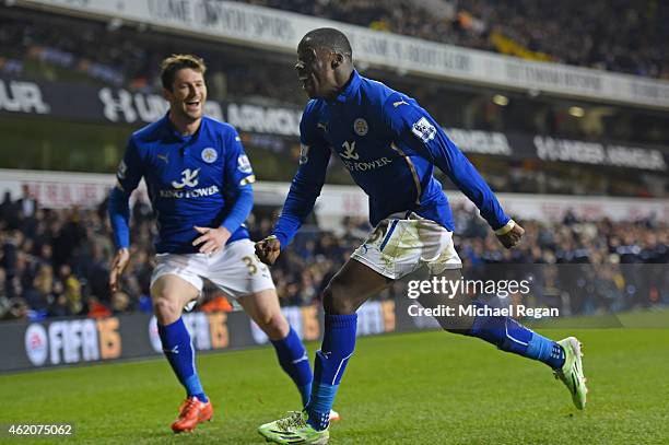 Jeffrey Schlupp of Leicester City celebrates with teammate David Nugent of Leicester City after scoring his team's second goal during the FA Cup...