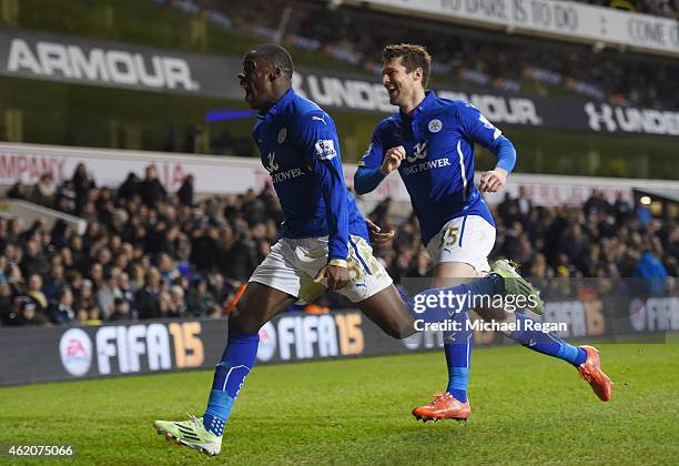 Jeffrey Schlupp of Leicester City celebrates with teammate David Nugent of Leicester City after scoring his team's second goal during the FA Cup...