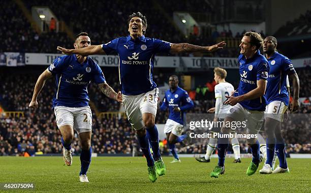 Leicester's Leo Ulloa celebrates making it 1-1 during the FA Cup Fourth Round match between Tottenham Hotspur and Leicester City at White Hart Lane...