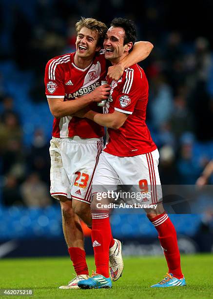 Goalscorers Patrick Bamford and Garcia Kike of Middlesbrough celebrate after the FA Cup Fourth Round match between Manchester City and Middlesbrough...