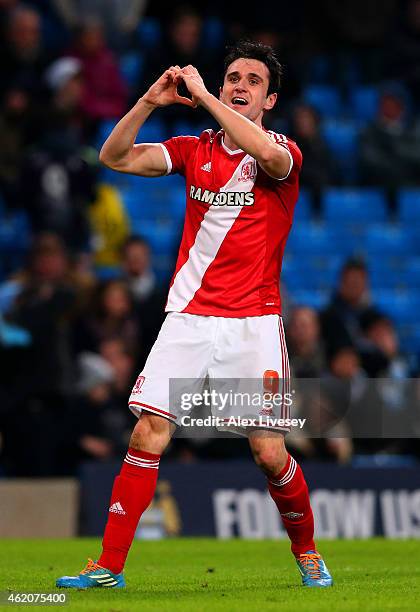 Garcia Kike of Middlesbrough celebrates after scoring his team's second goal during the FA Cup Fourth Round match between Manchester City and...