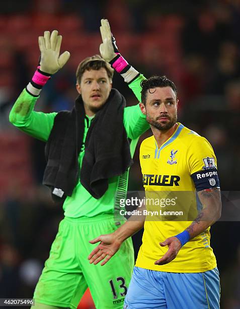 Damien Delaney and Wayne Hennessey of Crystal Palace look on after victory in the FA Cup Fourth Round match between Southampton and Crystal Palace at...