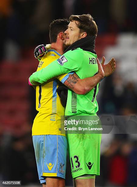 Damien Delaney and Wayne Hennessey of Crystal Palace celebrate after victory in the FA Cup Fourth Round match between Southampton and Crystal Palace...