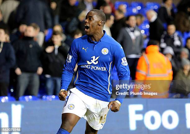 Leicester's Jeff Schlupp celebrates his winning goal making it 1-2 during the FA Cup Fourth Round match between Tottenham Hotspur and Leicester City...