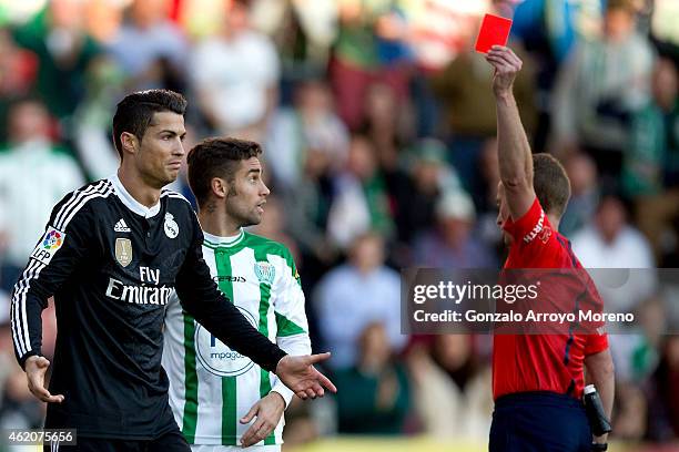Referee Hernandez Hernandez shows the red card to Cristiano Ronaldo of Real Madrid CF during the La Liga match between Cordoba CF and Real Madrid CF...