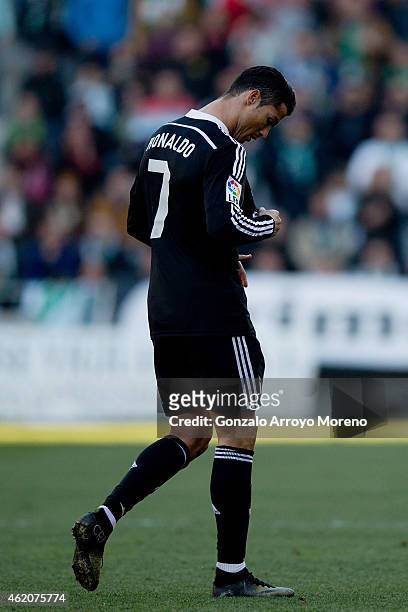 Cristiano Ronaldo of Real Madrid CF leaves the pitch after being reprimanded with a red card during the La Liga match between Cordoba CF and Real...
