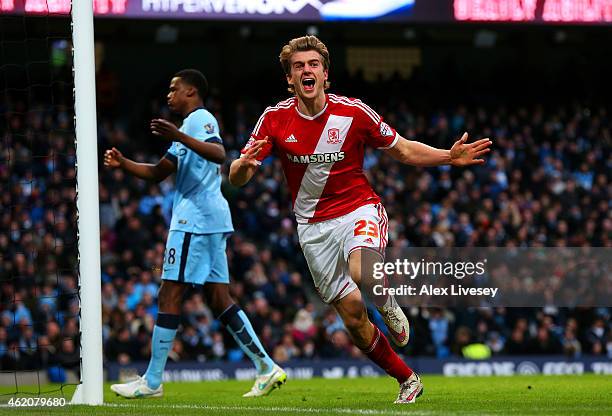 Patrick Bamford of Middlesbrough celebrates after scoring the opening goal during the FA Cup Fourth Round match between Manchester City and...